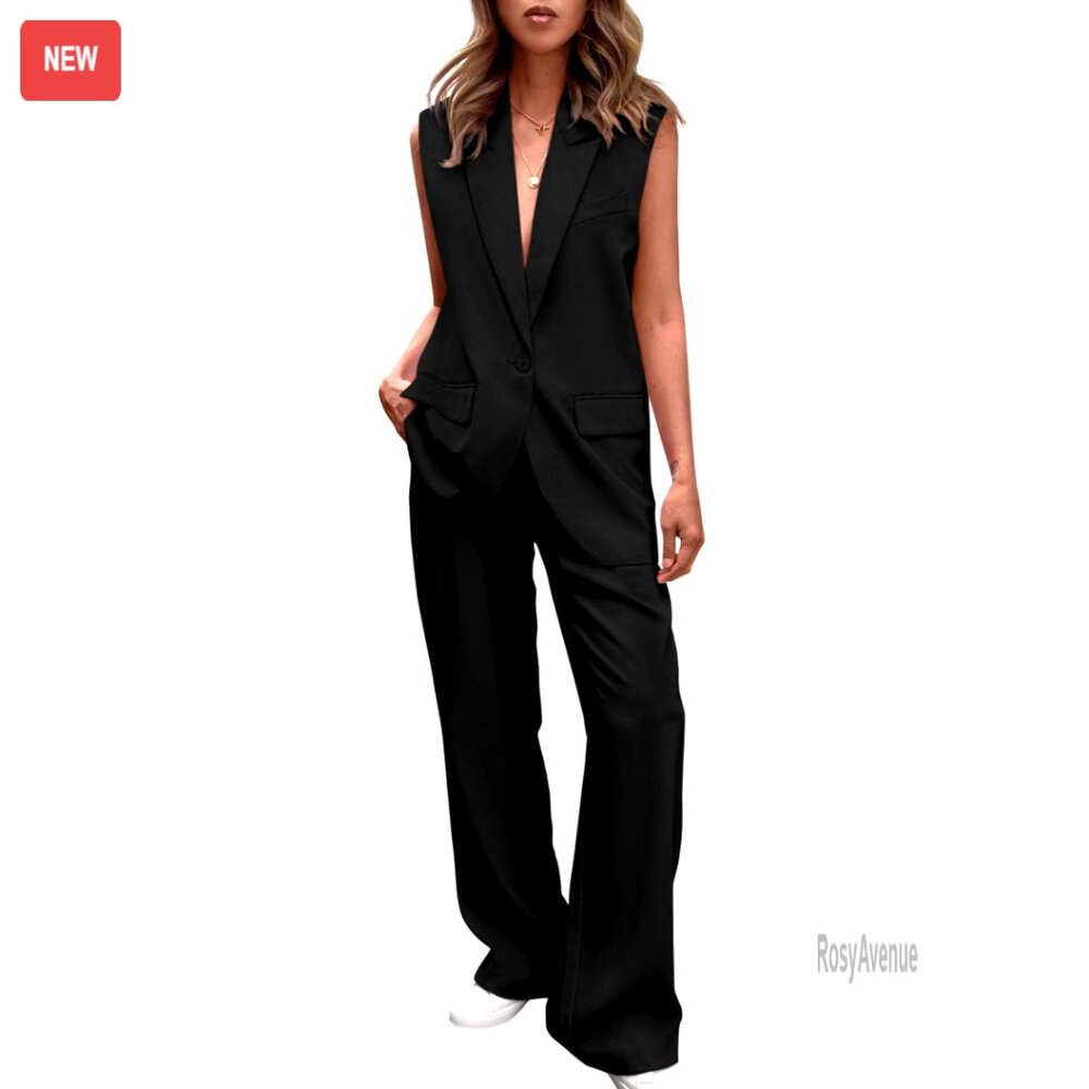 Sleeveless Vest & Wide Leg Pants Business Casual Set Polyester